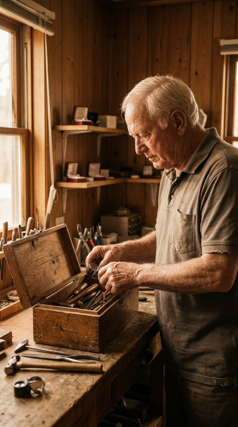 Roman alone at the workshop bench with the toolbox open