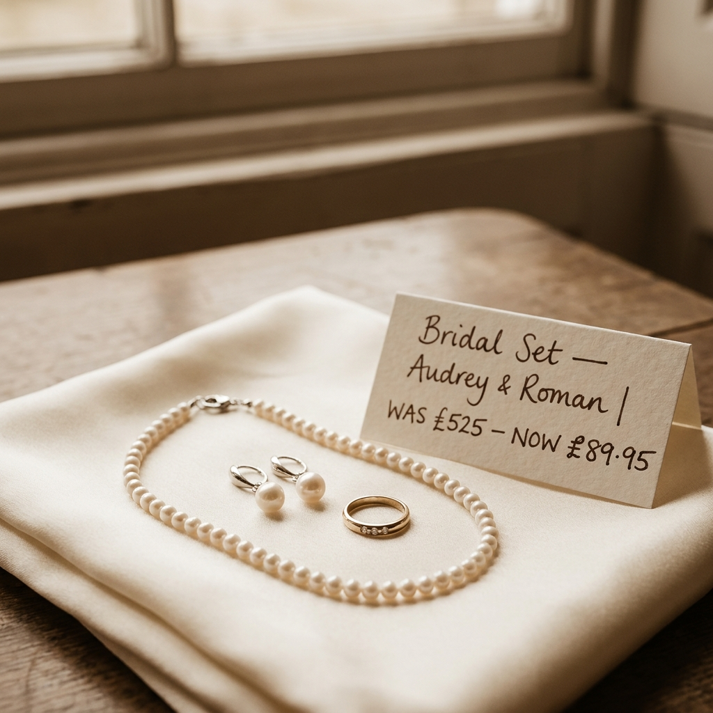 A bridal jewellery set with a hand-written tag