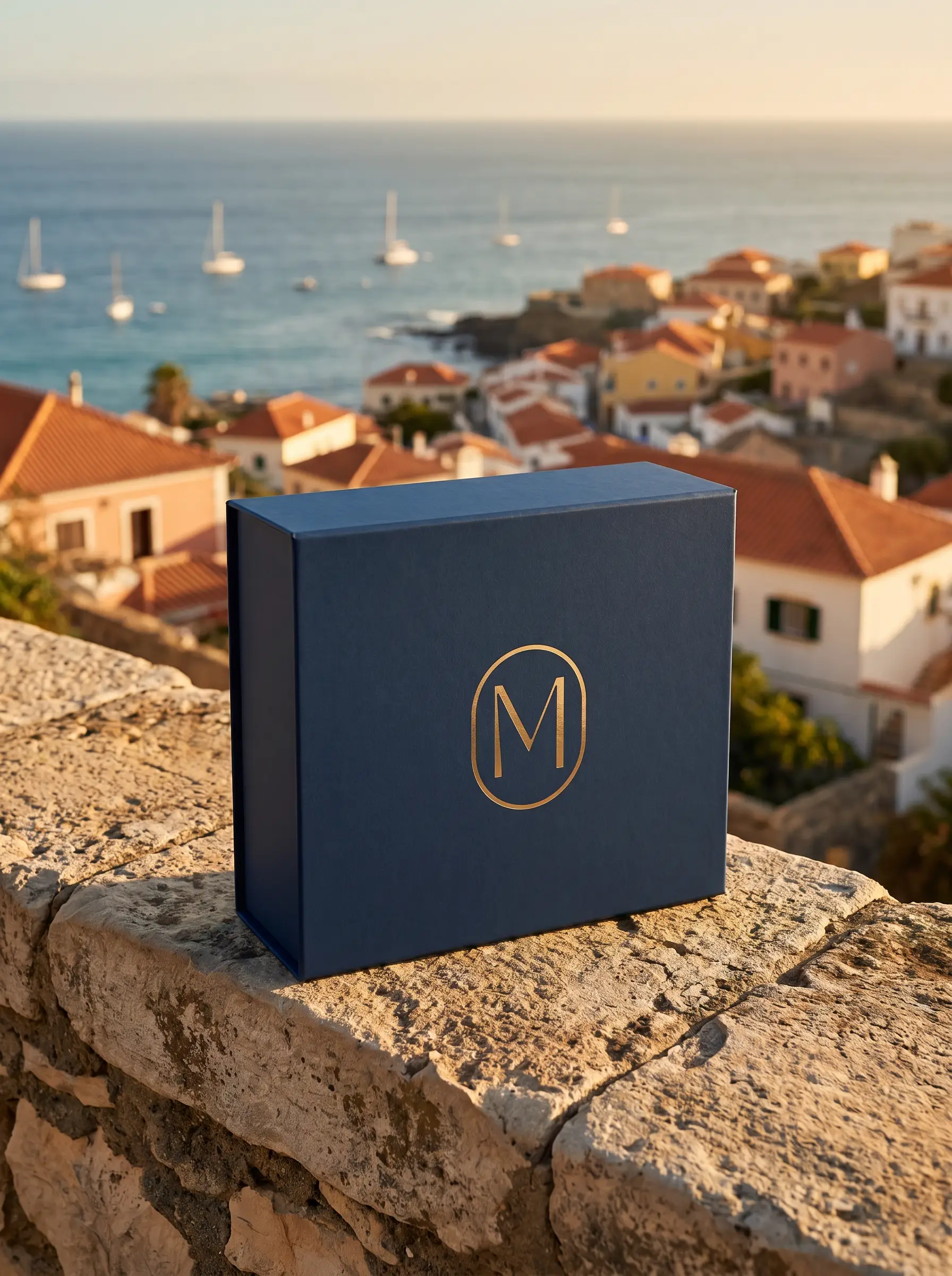Morabeza navy gift box with gold M-in-capsule mark on a stone wall overlooking a Cape Verdean coast at golden hour