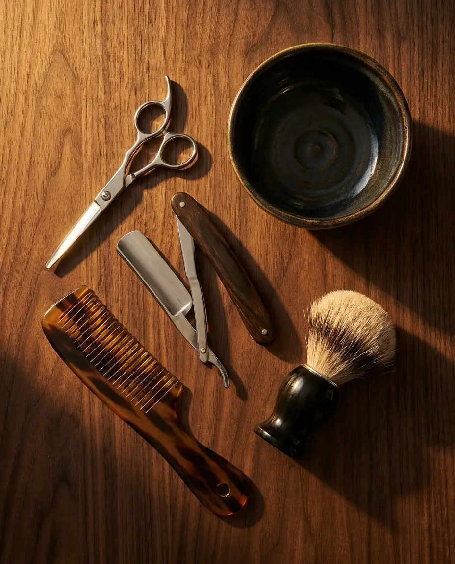 Premium barber tools — scissors, razor, comb and brush — on dark walnut wood