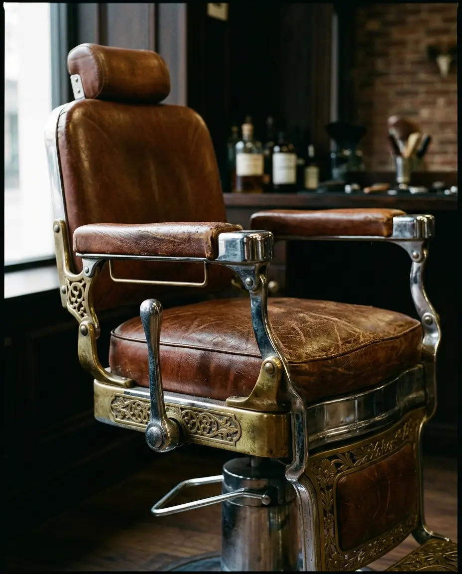 Classic leather barber chair with chrome and brass detailing in warm light