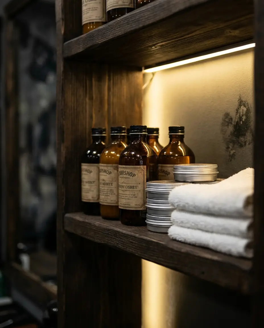 Shelf of grooming products and neatly folded towels in moody light