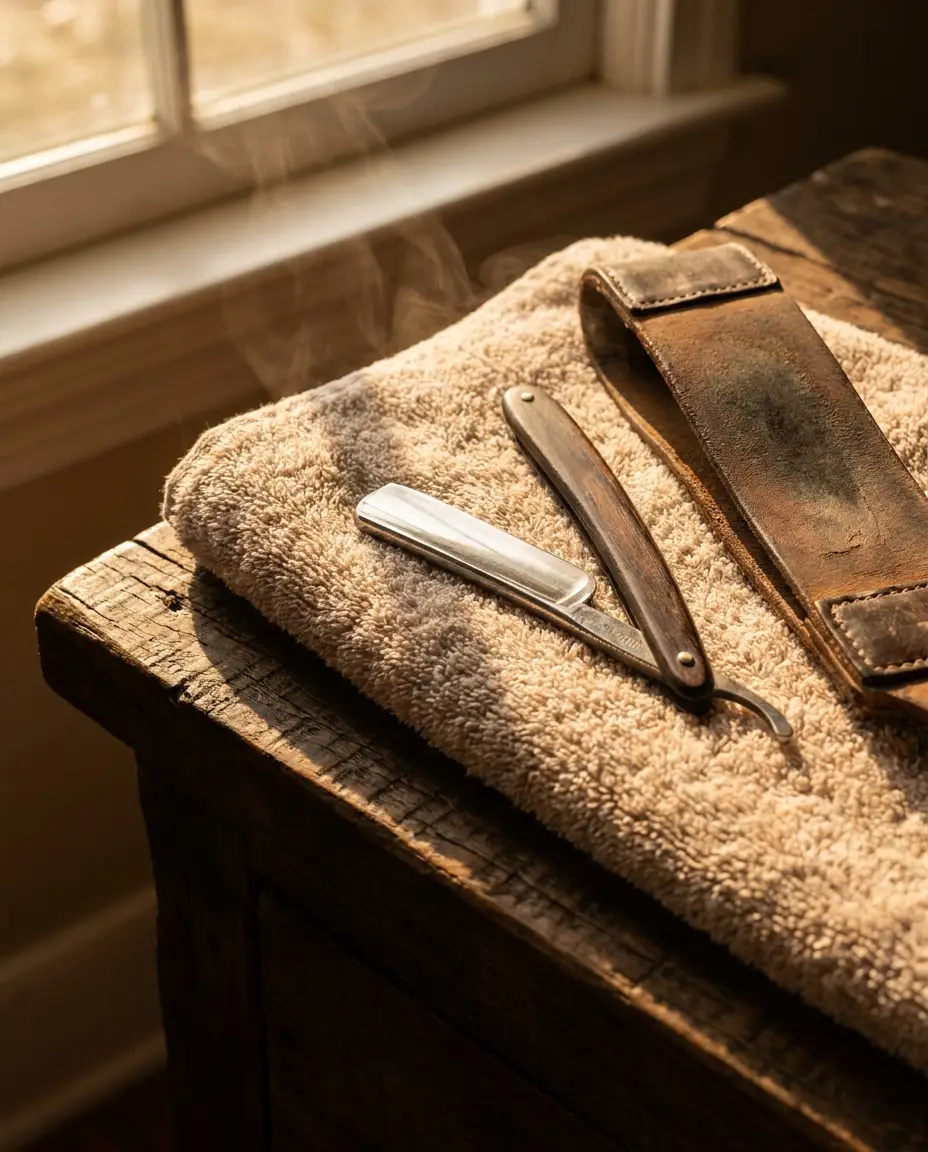 Straight razor resting on a folded towel beside a leather strop