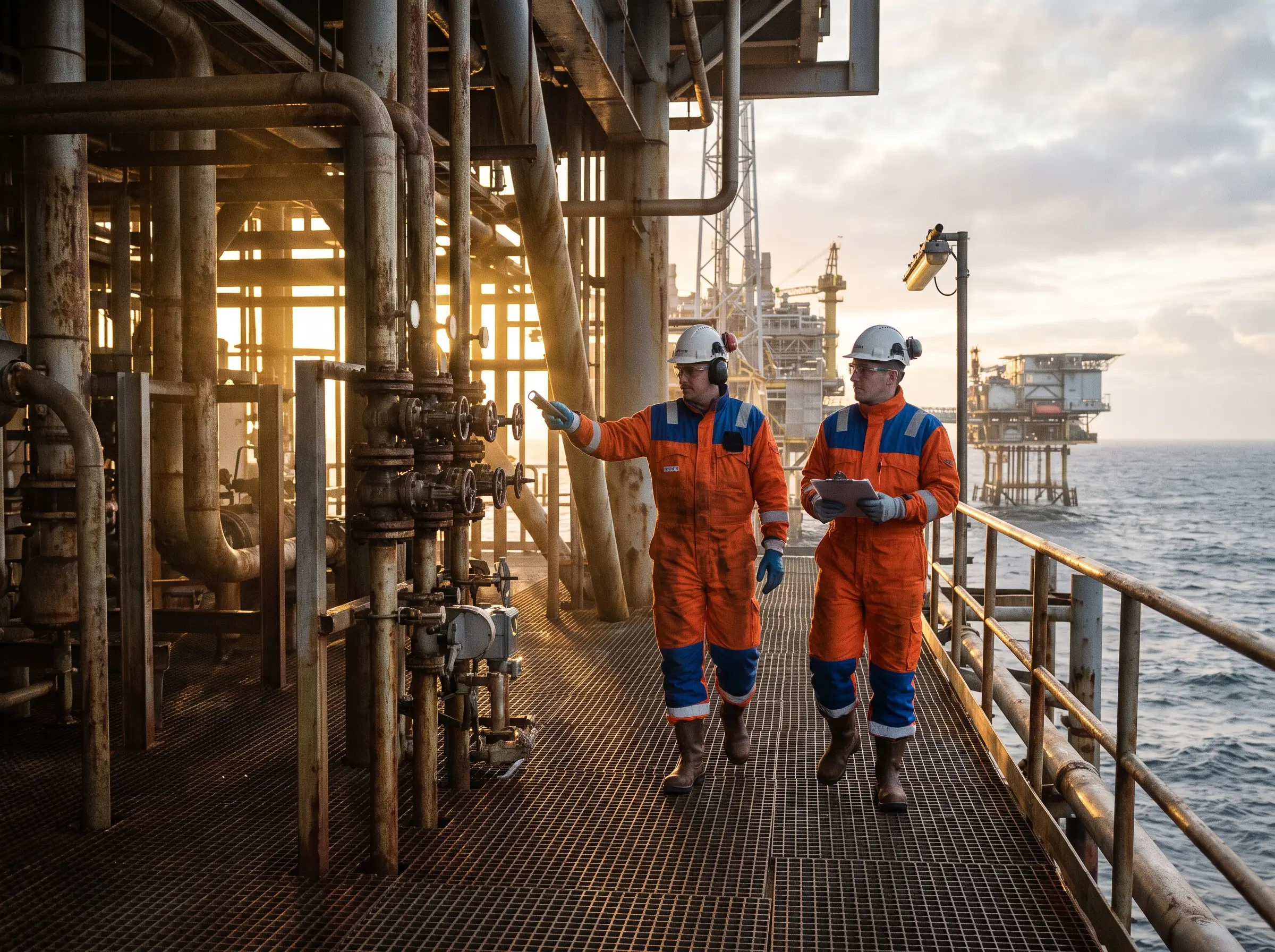 Operations engineers inspecting pipework on an ageing production platform at dawn