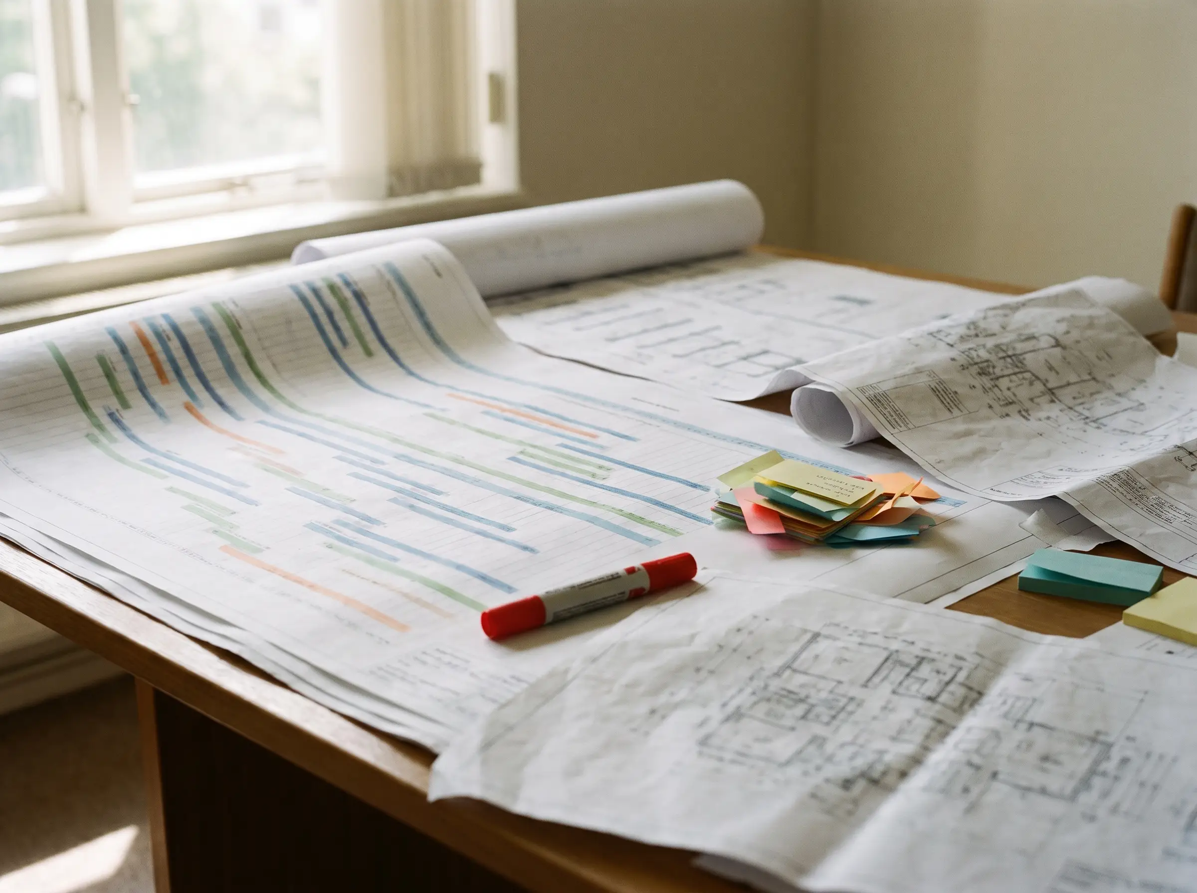 Project planning table with printed programme schedule and engineering drawings