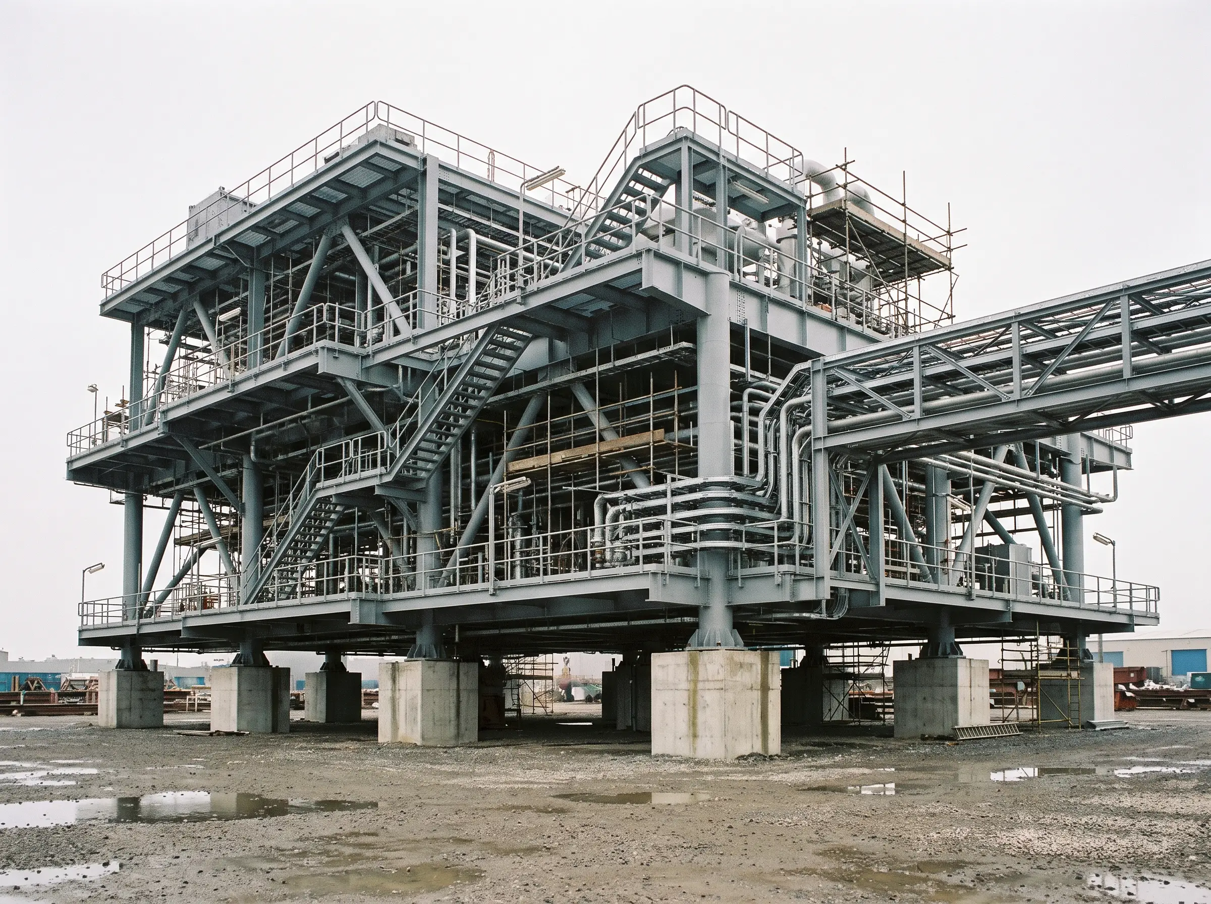 Fabricated offshore topsides steel module standing in a fabrication yard