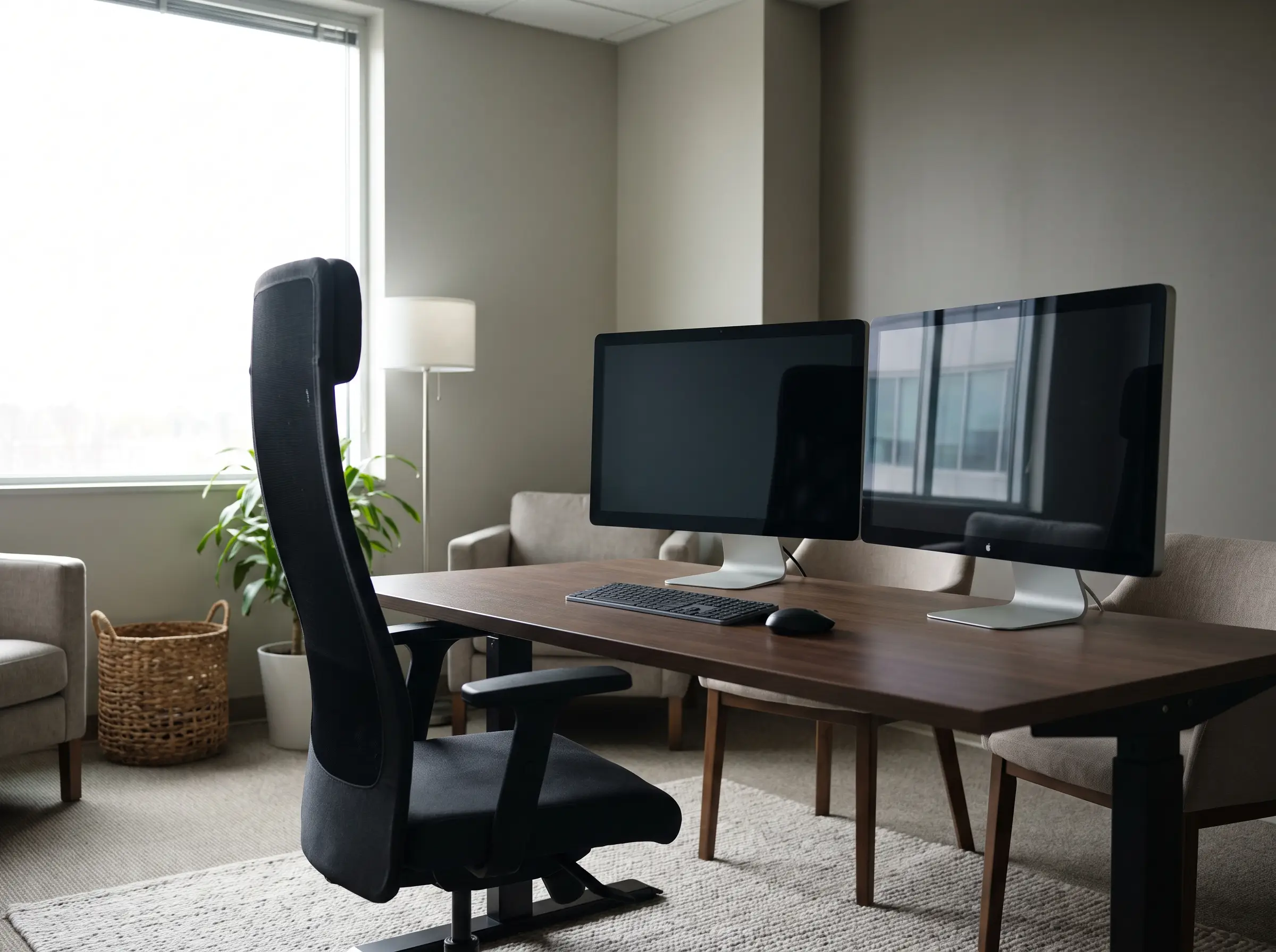 Office desk with two monitors, screens off, in soft natural daylight