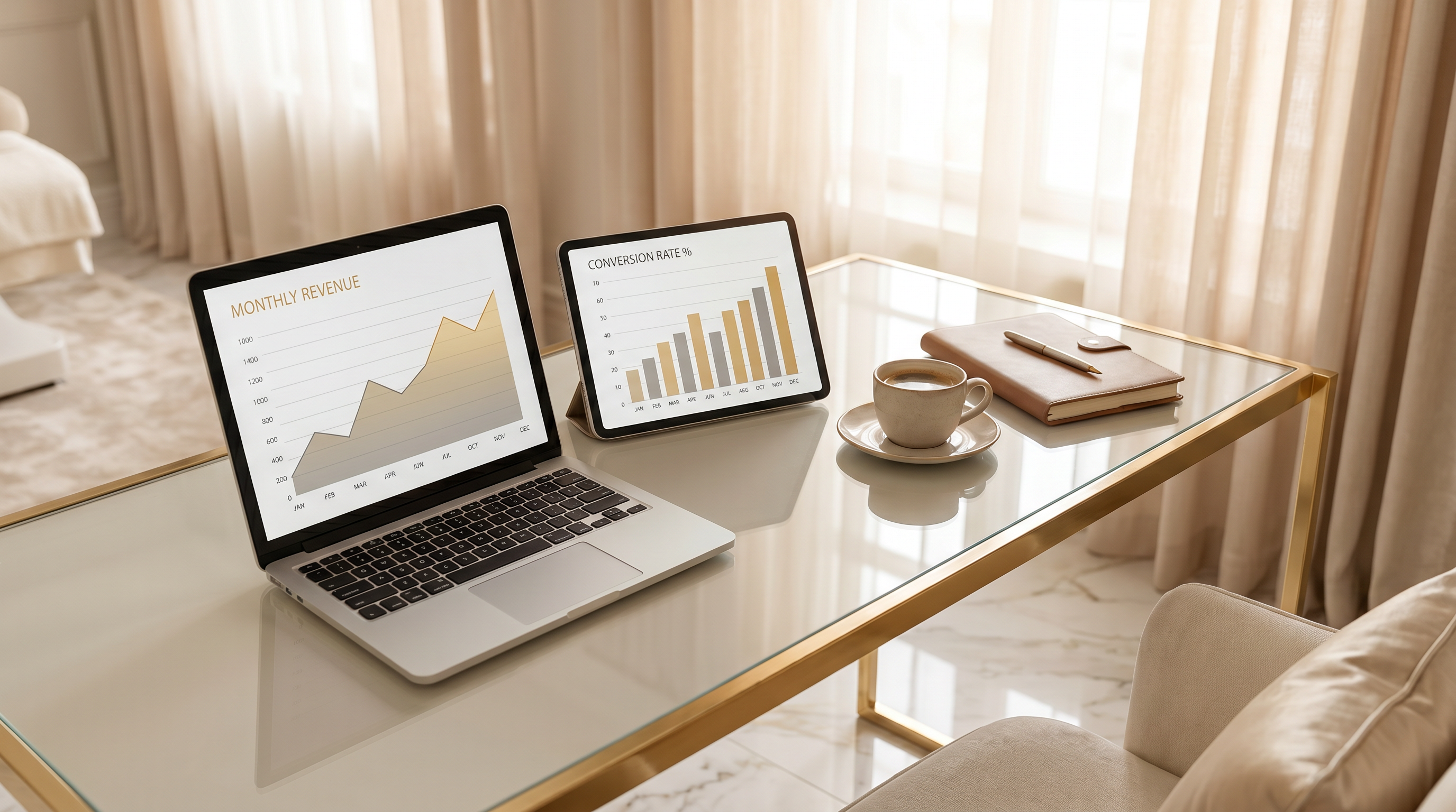 Revenue and conversion charts displayed on a laptop and tablet on a modern desk