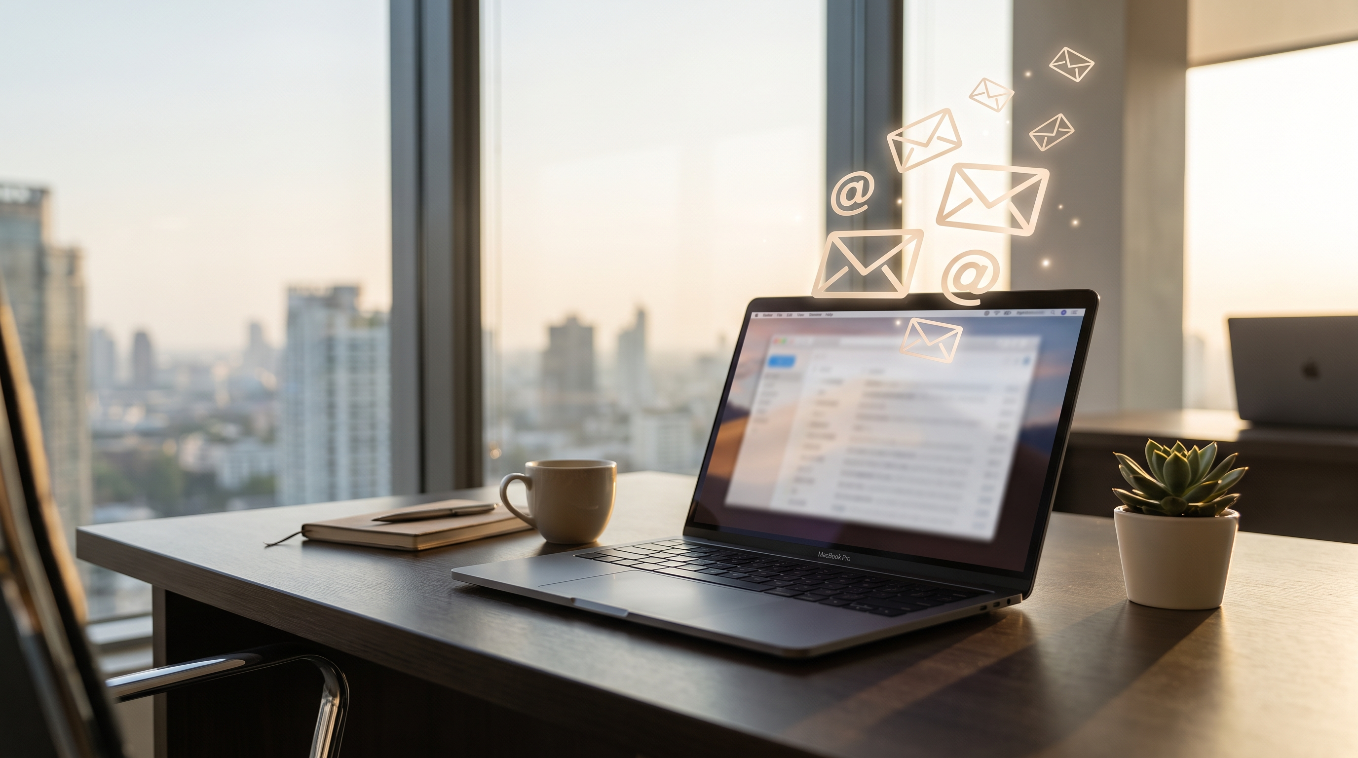 Glowing email icons rising above an open laptop at golden hour