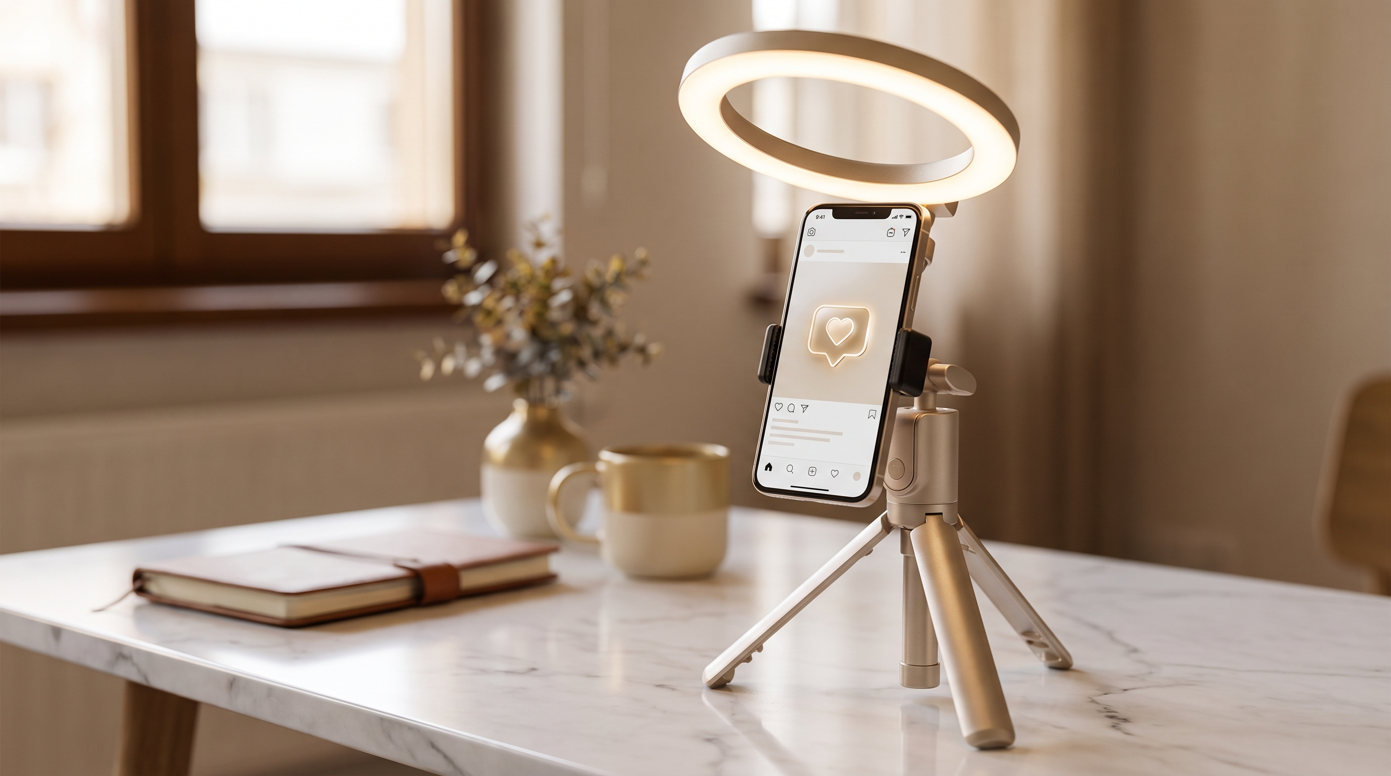 A smartphone on a tripod with a ring light displaying a social media feed