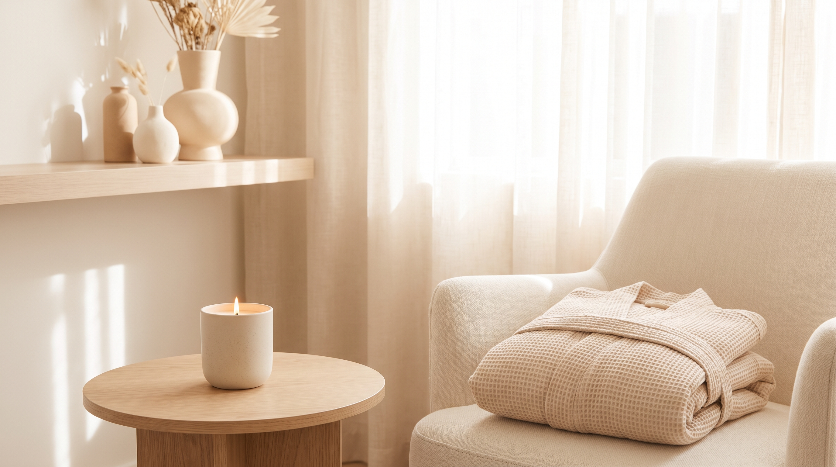 A lit candle and softly folded robe in a serene medical spa setting