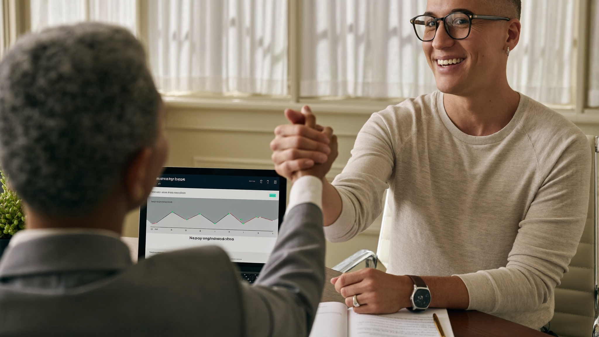 A practice manager warmly congratulating a staff member over a growth chart