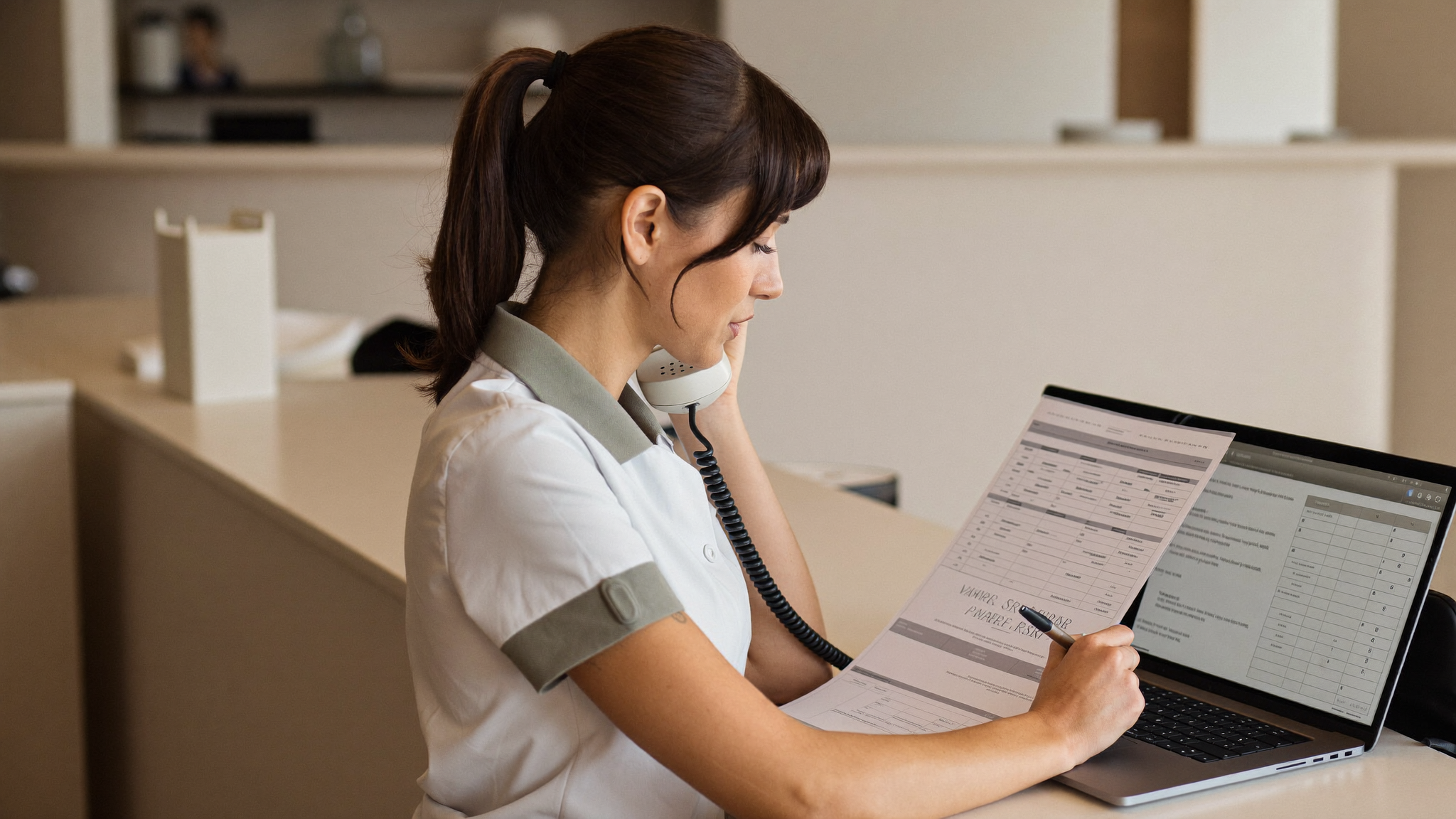 A staff member on the phone reviewing a patient chart on a laptop