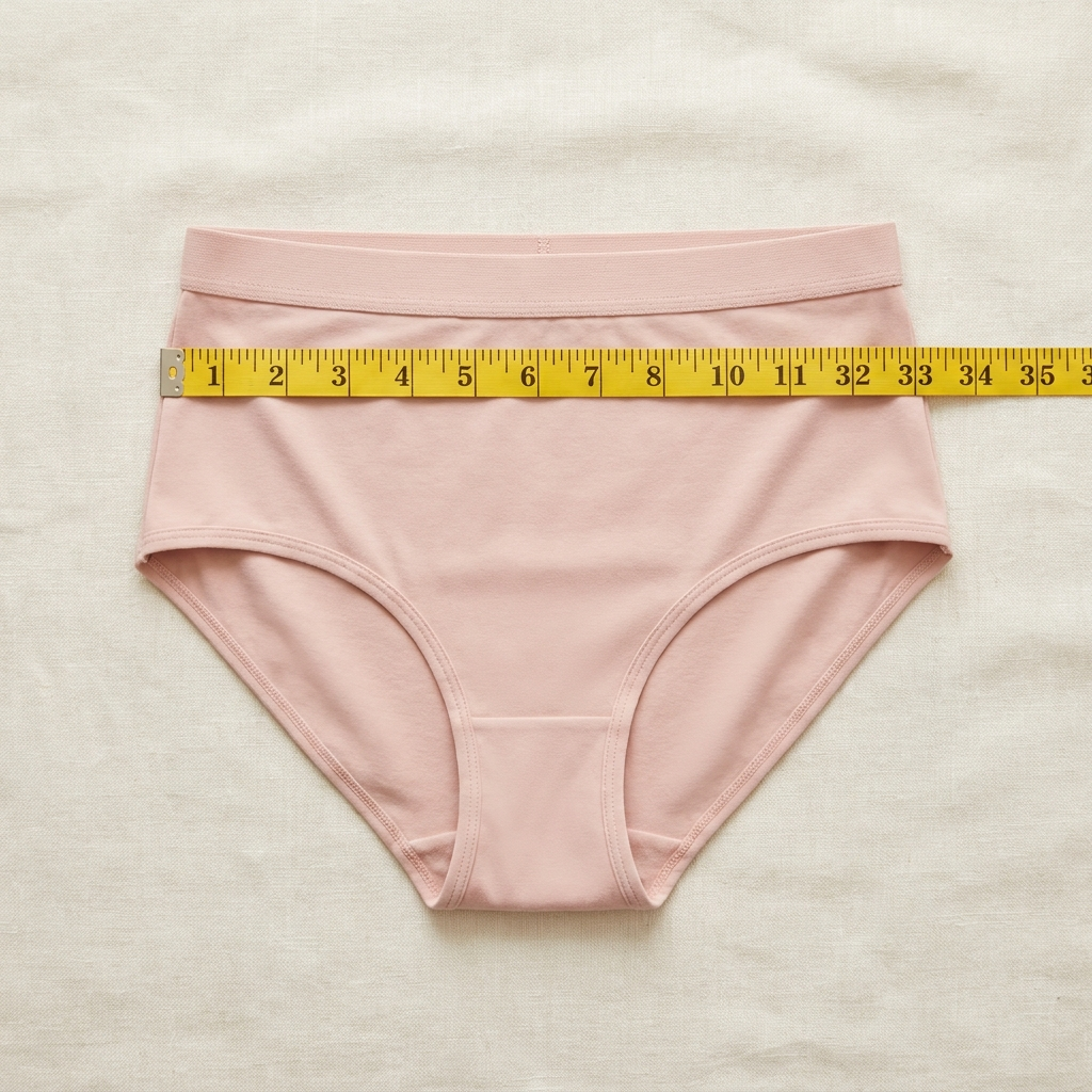 Measuring tape across leakproof underwear waistband — showing triple-checked sizing