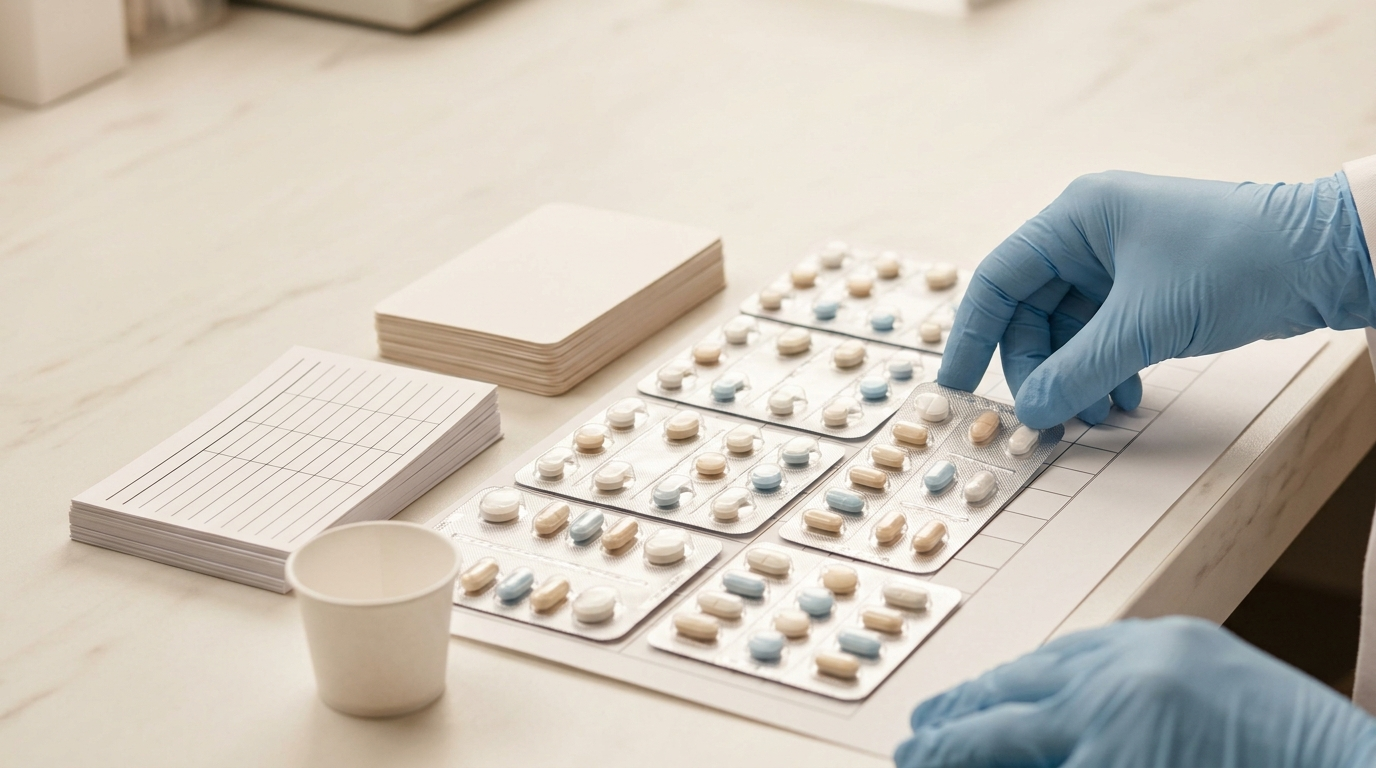 Overhead view of multi-dose blister cards being arranged on a pharmacy packing bench.