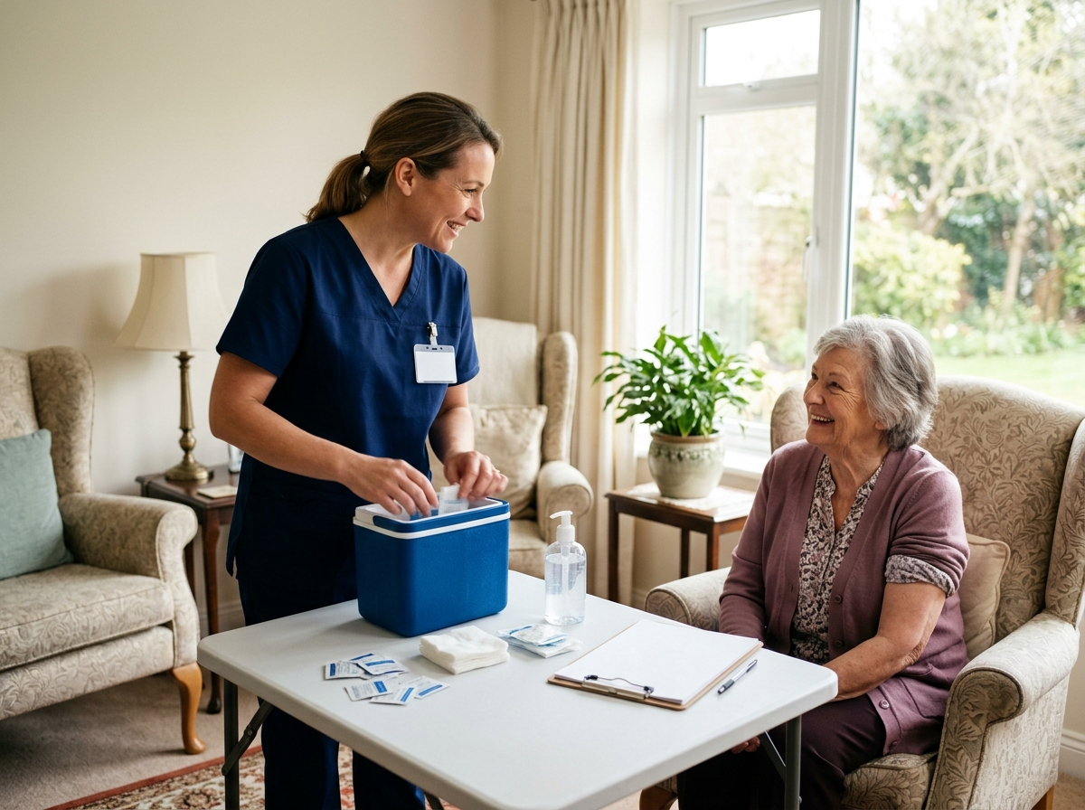 A pharmacist setting up a vaccination station on a table in the common room of a residential care home, with a resident seated nearby.