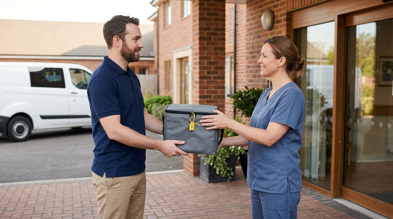 A pharmacy courier handing a sealed medication tote to a care-home staff member at the facility entrance.
