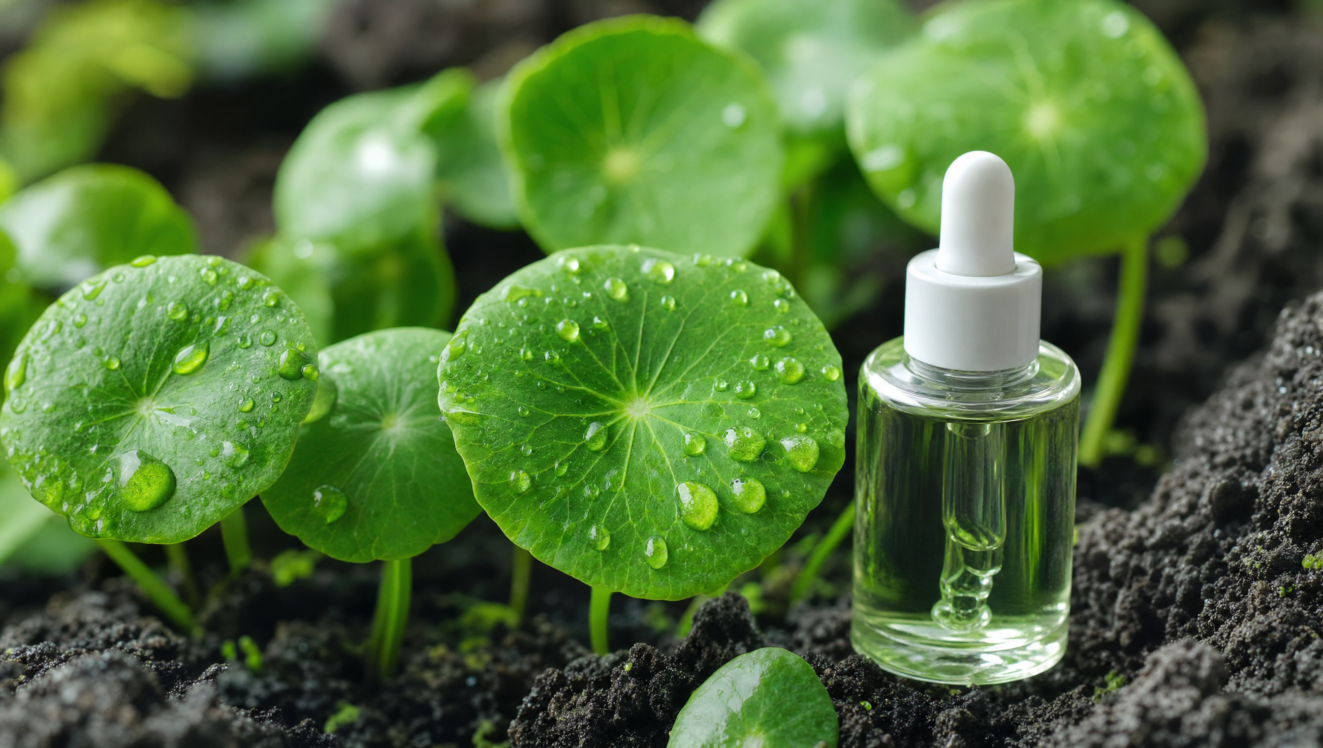 Fresh centella asiatica cica leaves with Jeju island backdrop and serum bottle