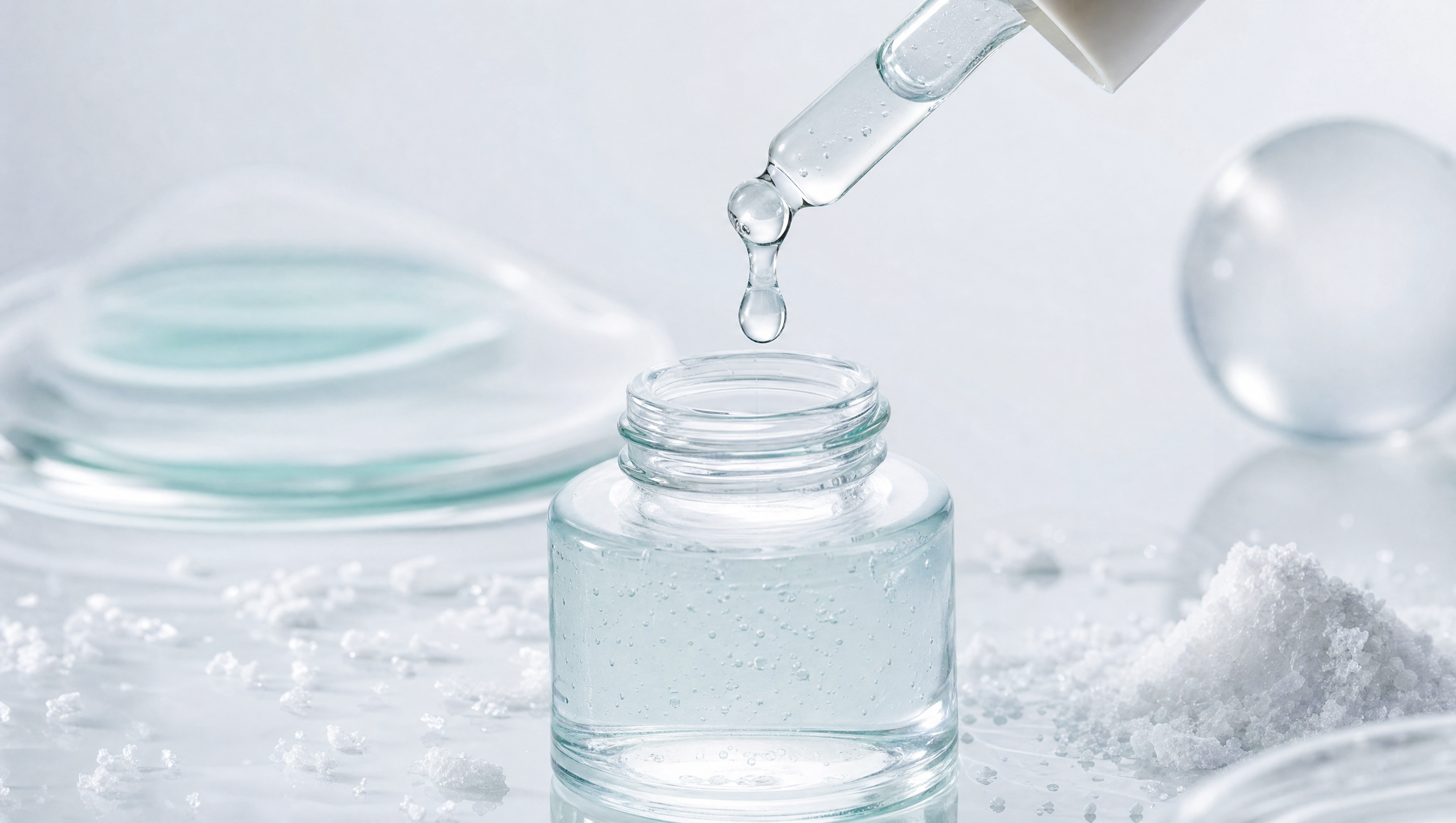 Niacinamide serum texture close-up with vitamin B3 crystals on clean white surface