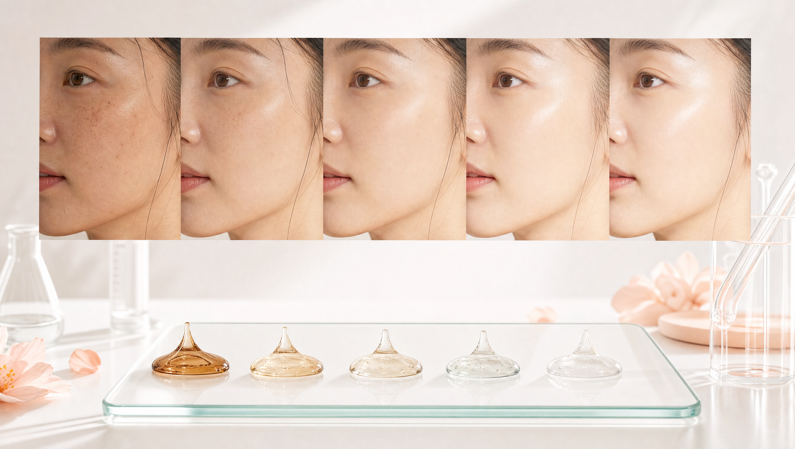 Dark spot serum comparison flat lay K-beauty editorial