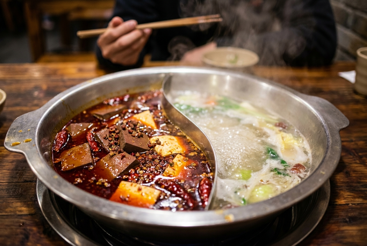 A bubbling split mala hot pot on a Taipei restaurant table at night, red numbing-spicy broth on one side, duck blood and tofu, cold beer, hands reaching in with chopsticks, fogged window behind