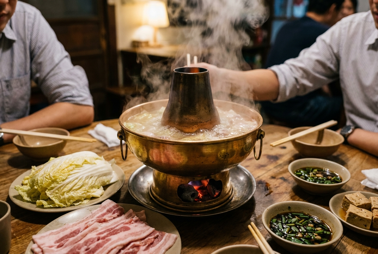 A traditional sour-cabbage white-pork hot pot with a copper chimney pot, charcoal glowing in the center funnel, fermented cabbage broth, thin pork belly slices, a northern-style Taipei table setting, warm light