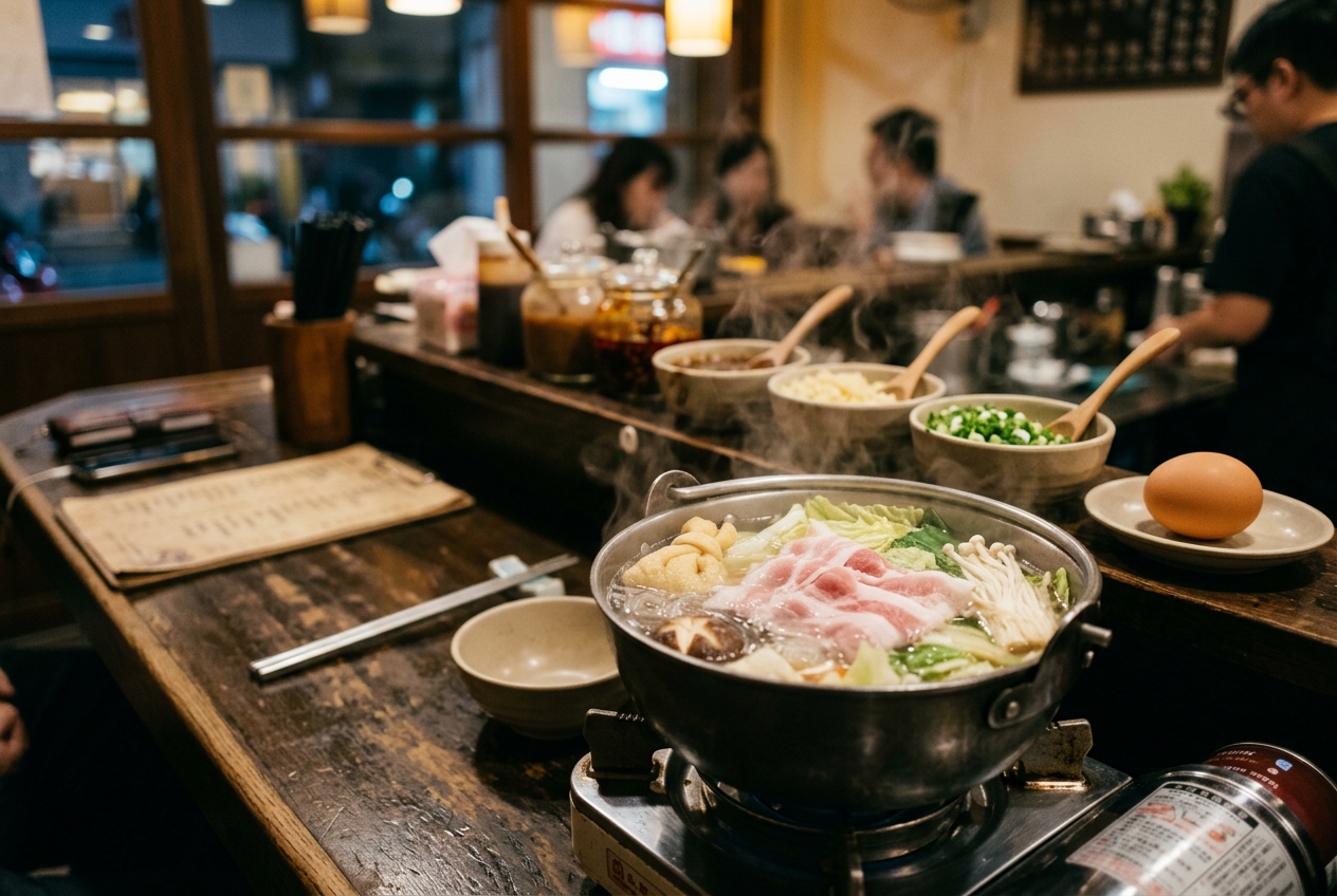 A single personal hot pot simmering on a Taipei restaurant counter, one portion of thin-sliced meat and vegetables, a self-serve sauce station blurred in the background, warm evening light