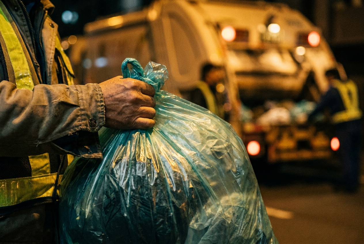 A yellow Taipei garbage truck at dusk with neighbours lining up to hand over blue-green rubbish bags, scooters and apartment buildings behind, warm streetlight