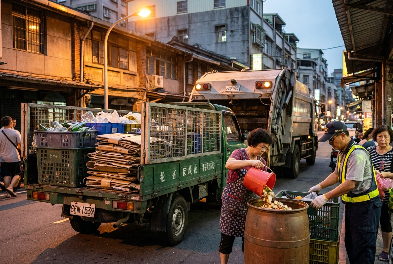 A recycling truck at night with open crates for glass, plastic, paper and cardboard, a resident tipping a small bucket of food scraps into a barrel, a sanitation worker helping sort