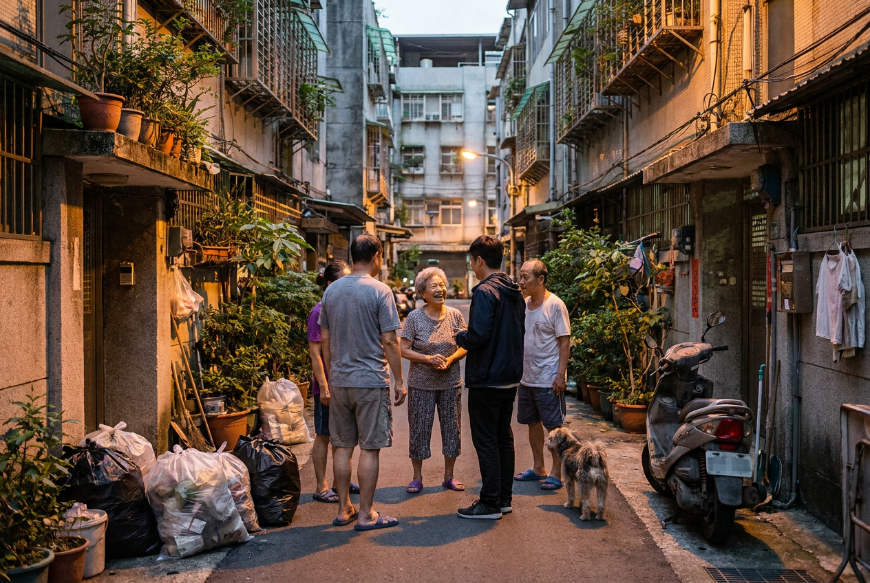 Neighbours waiting together on a narrow Taipei lane at dusk before the rubbish truck arrives, some in slippers, an elderly woman chatting with a young man, potted plants and parked scooters