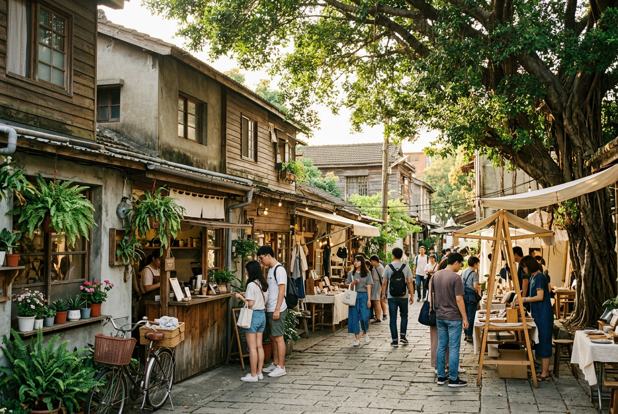 A converted mid-century dormitory village in Taichung turned into a creative quarter, low buildings with independent craft and coffee shops, wooden stalls under old trees, afternoon light