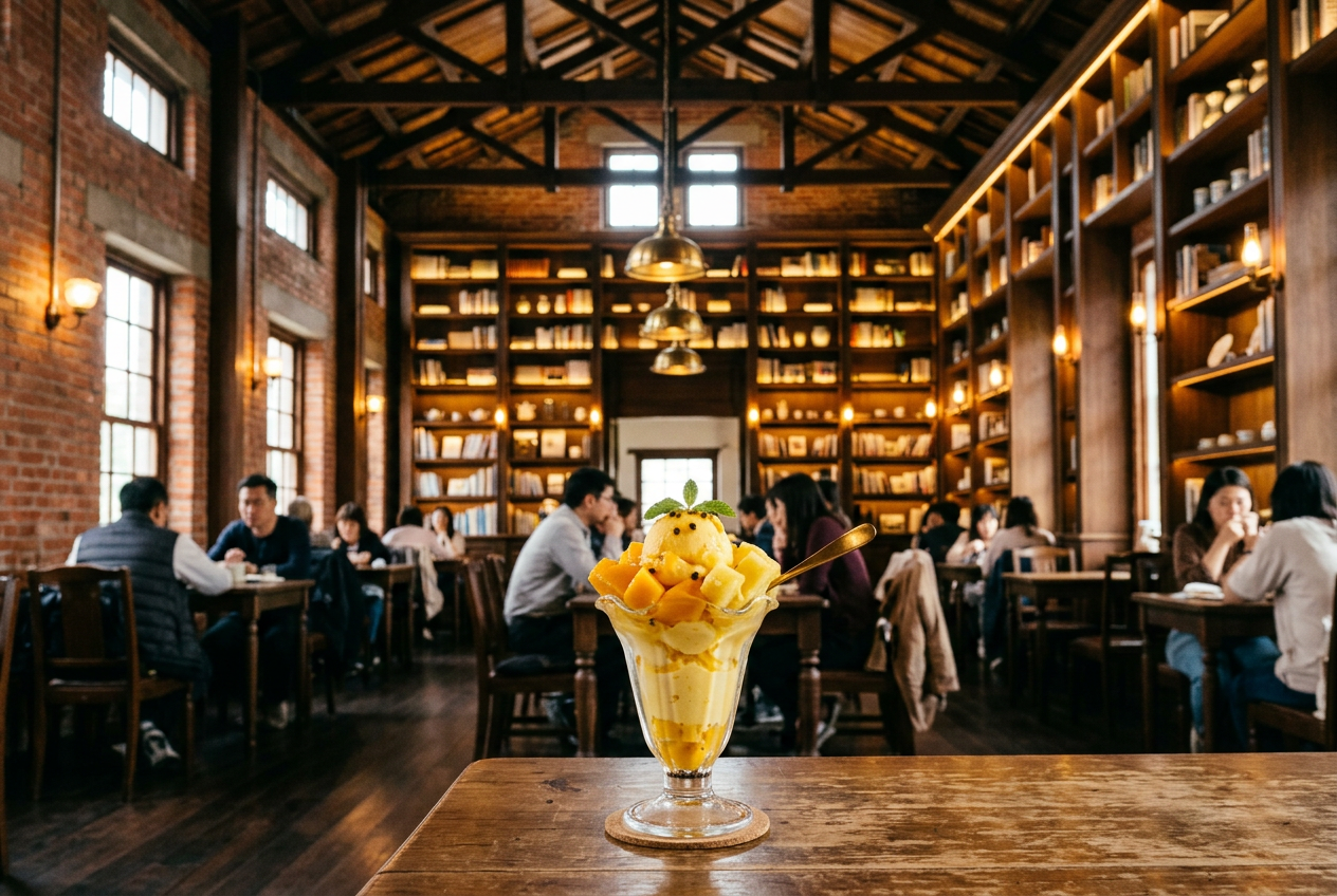 A converted Japanese-era brick building in Taiwan with a soaring atrium and dark wood shelving to the ceiling, a tall scoop of tropical fruit ice cream in the foreground