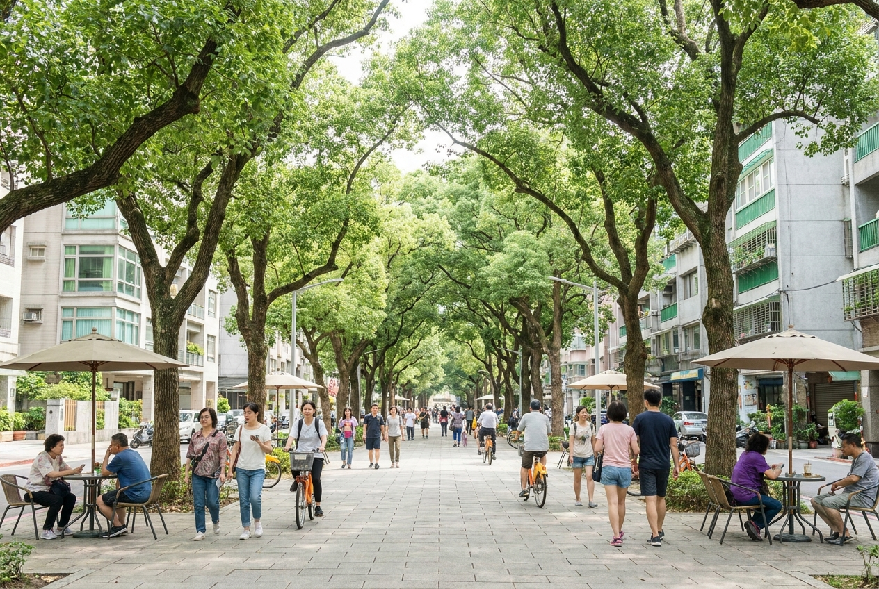 A wide tree-lined green pedestrian boulevard through a Taiwanese city on a bright morning, people strolling and cycling, outdoor cafe tables under umbrellas