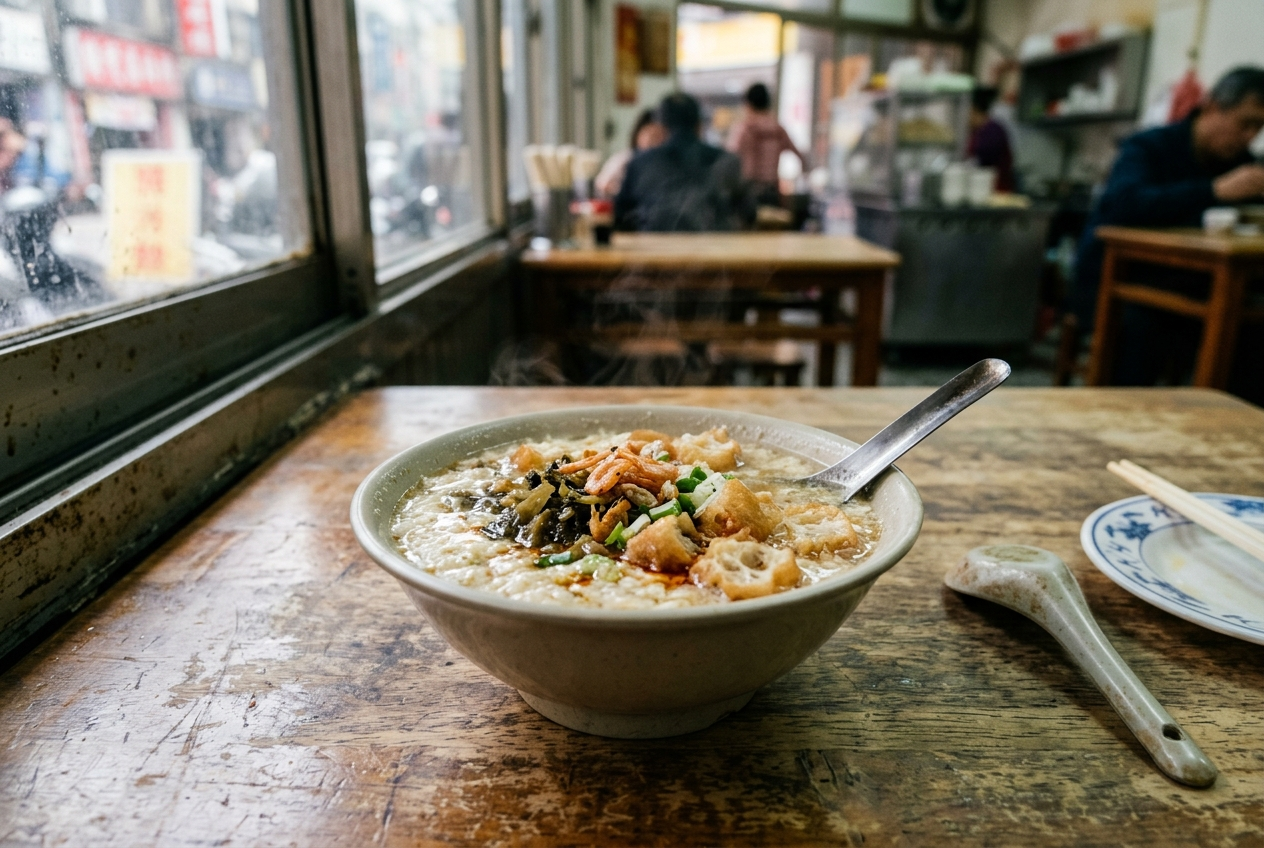 A ceramic bowl of Taiwanese savory soy milk with fried cruller pieces, dried shrimp and scallions, a spoon resting inside.