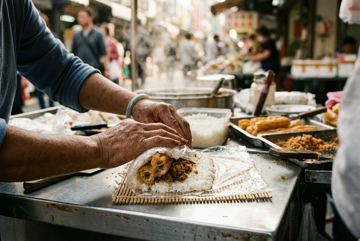 Hands rolling a Taiwanese fan tuan rice roll with pork floss and fried cruller on a stainless steel counter.