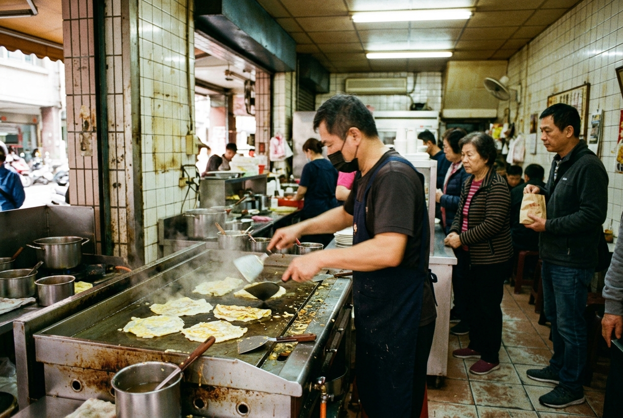 Inside a busy Taiwanese breakfast shop, a cook works a large griddle with egg crepes as customers wait in the morning light.