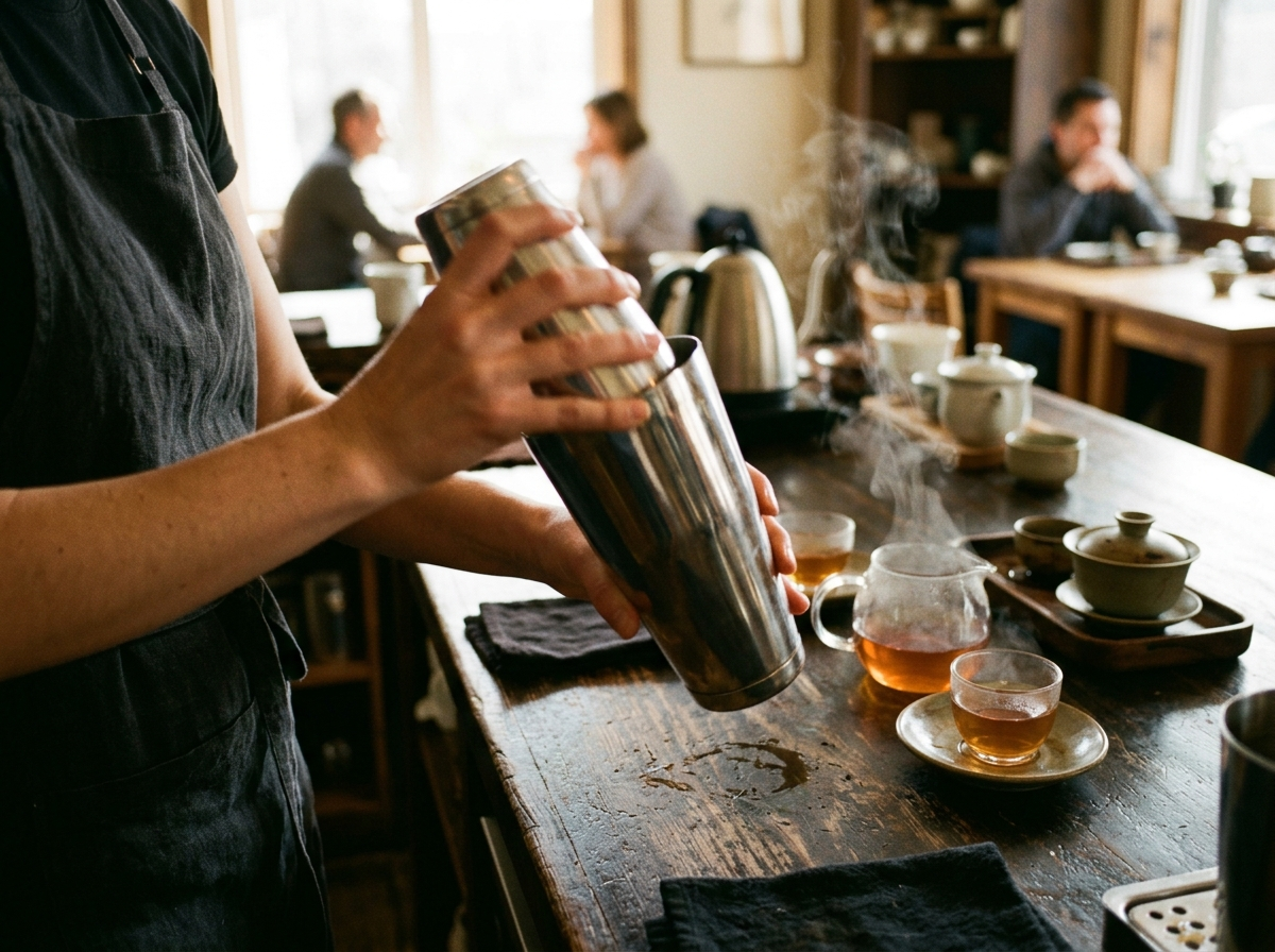 Hands shaking a stainless steel cocktail shaker over a dark wood teahouse counter in warm window light