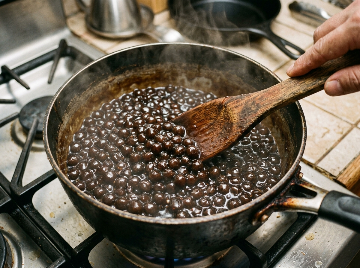Overhead close-up of glossy dark tapioca pearls stirred with a wooden paddle in a steaming pot