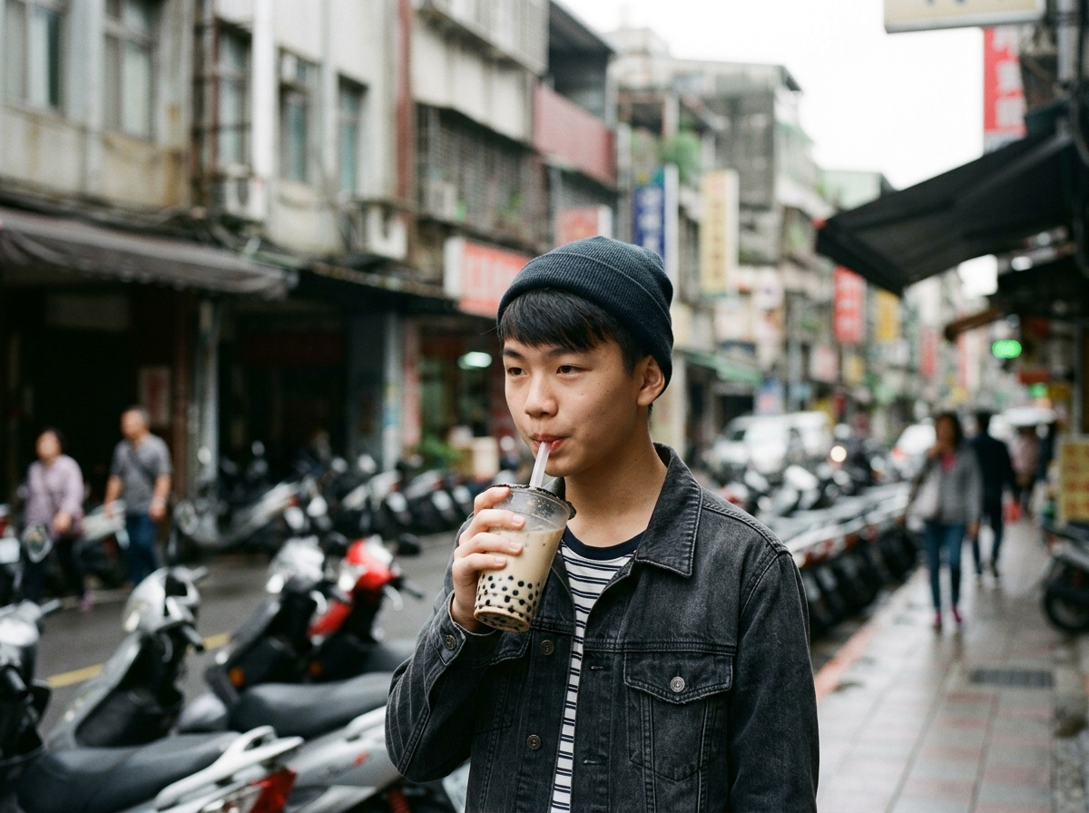 A young person on a Taipei street mid-sip holding a sealed cup of bubble tea with scooters blurred behind