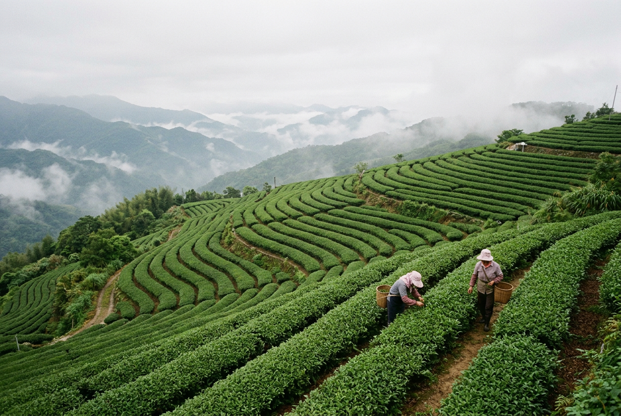Curved rows of bright green high mountain tea terraces on a misty Taiwanese mountainside