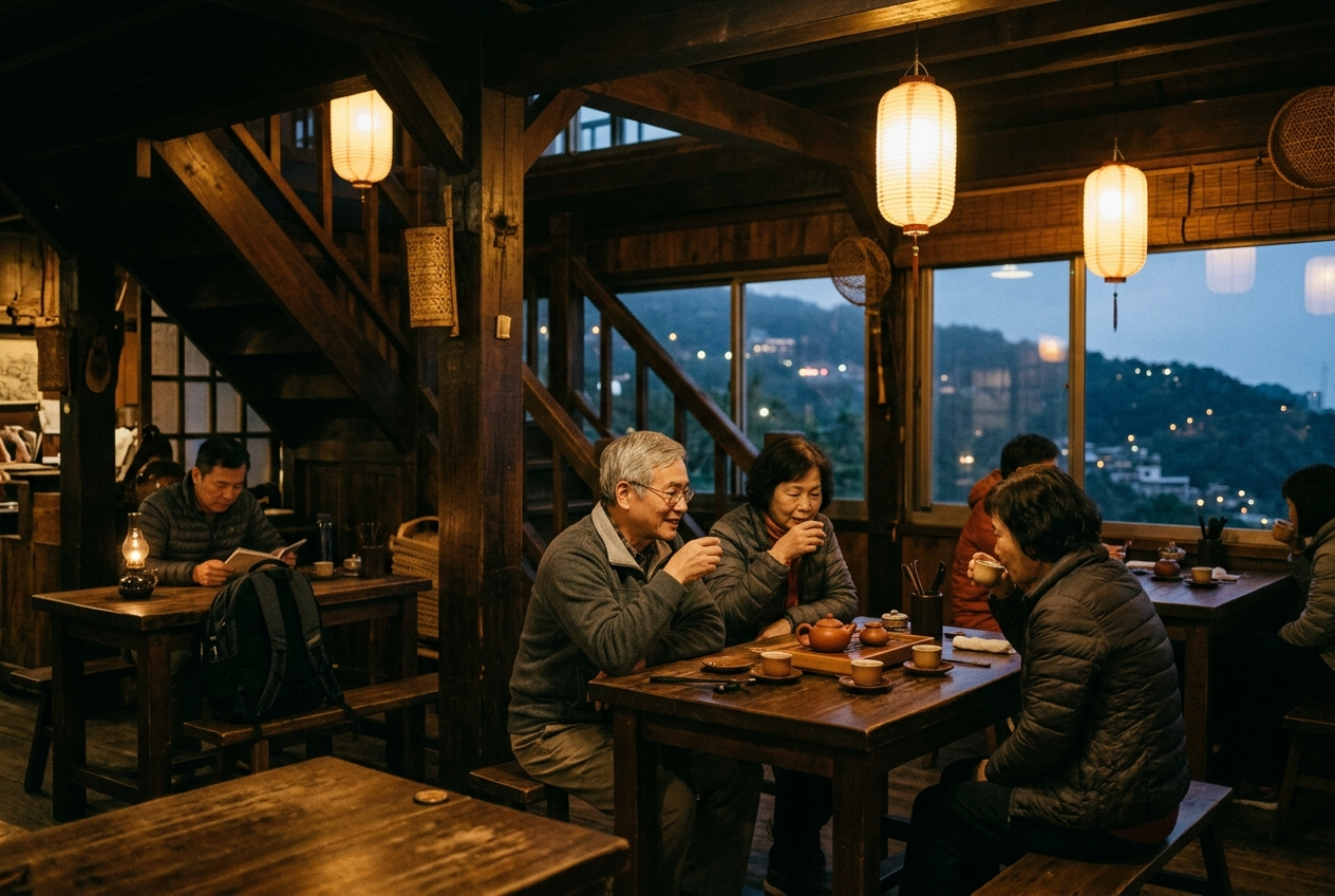 Warm lantern-lit interior of an old-style Taiwanese mountain tea house at dusk, wooden beams and small cups