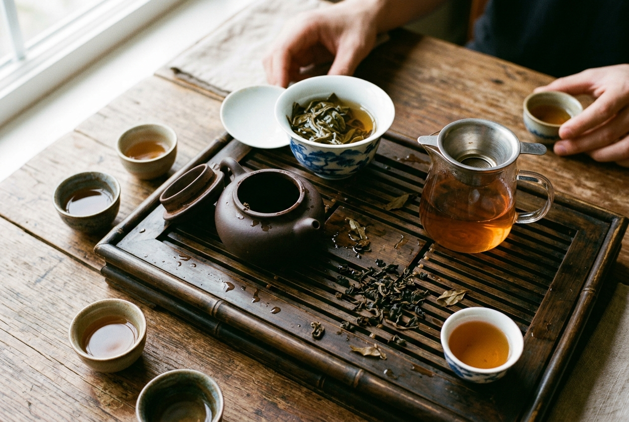 A gongfu tea setup on a bamboo tray: small clay teapot, gaiwan, sharing pitcher, tiny cups and loose oolong leaves