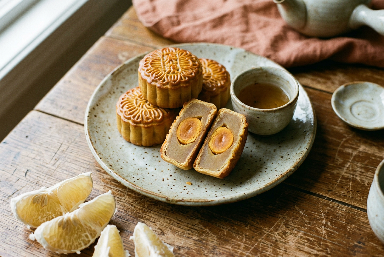 Overhead close-up of a Taiwanese mooncake cut in half showing a golden salted egg yolk, tea beside it