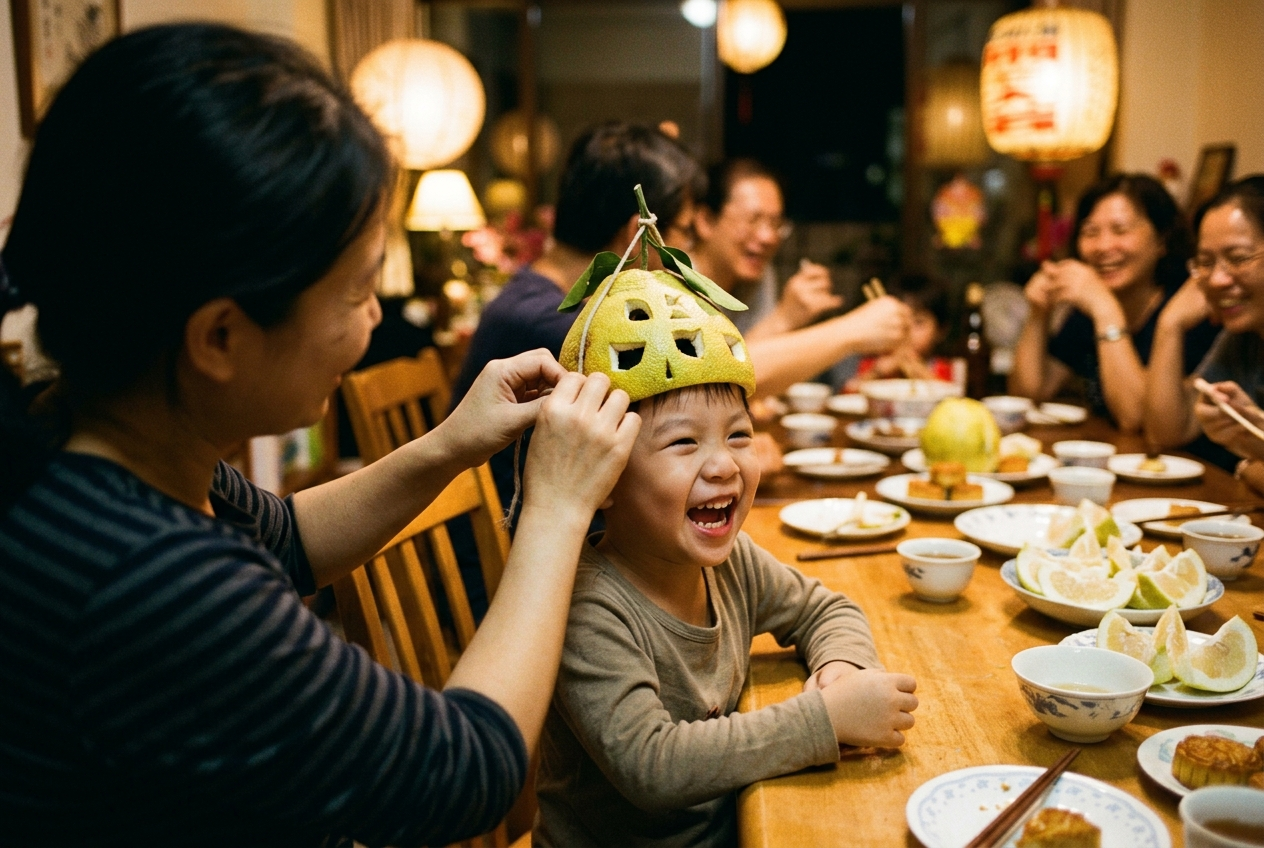 A laughing child wearing a carved pomelo rind as a hat while an adult adjusts it, family behind