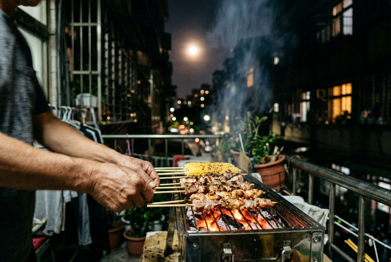 Hands turning skewers and corn over a small charcoal grill at night with a full moon behind