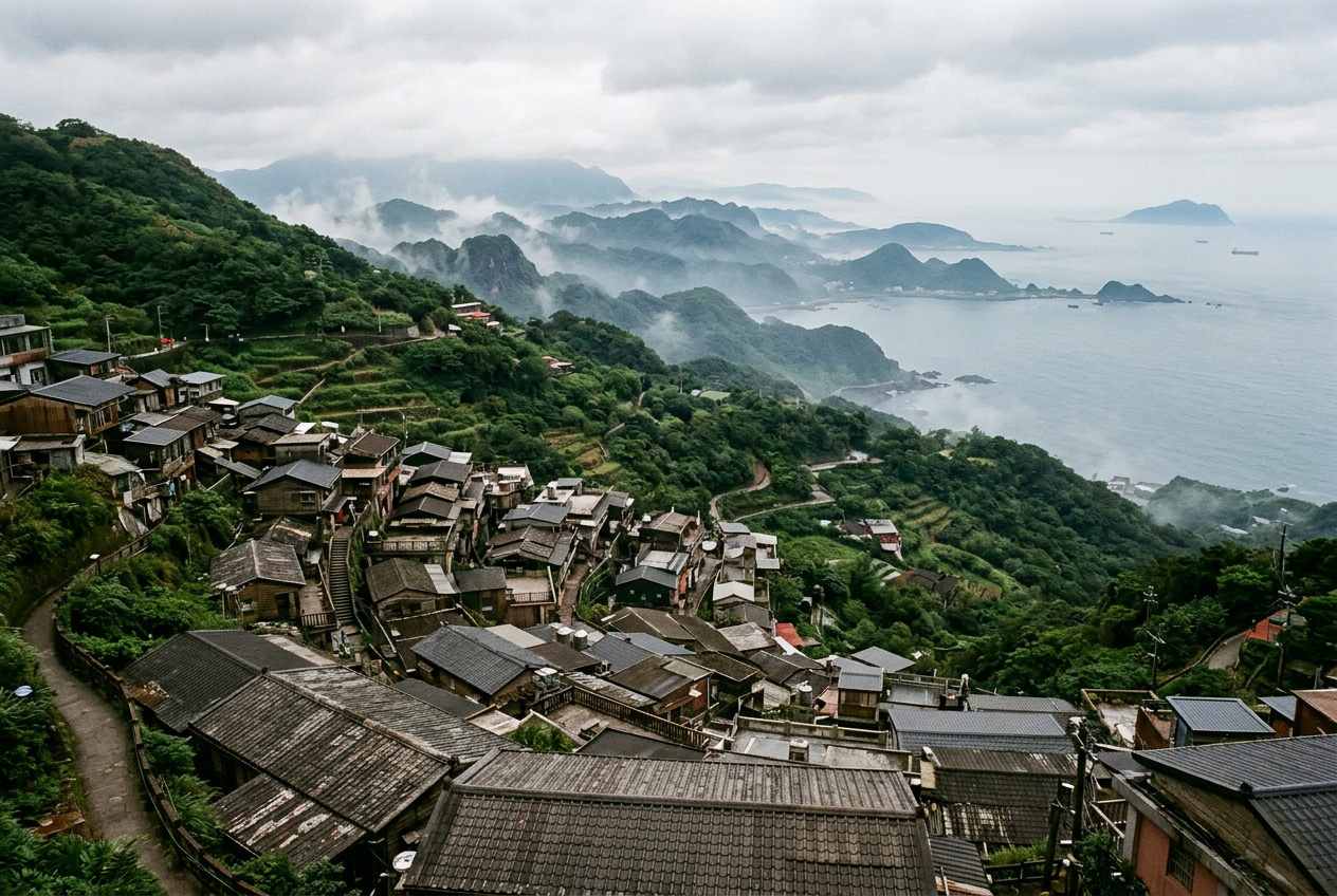 Weathered tiled rooftops of a Taiwanese mountain town cascading down a green hillside toward a grey-blue ocean in mist