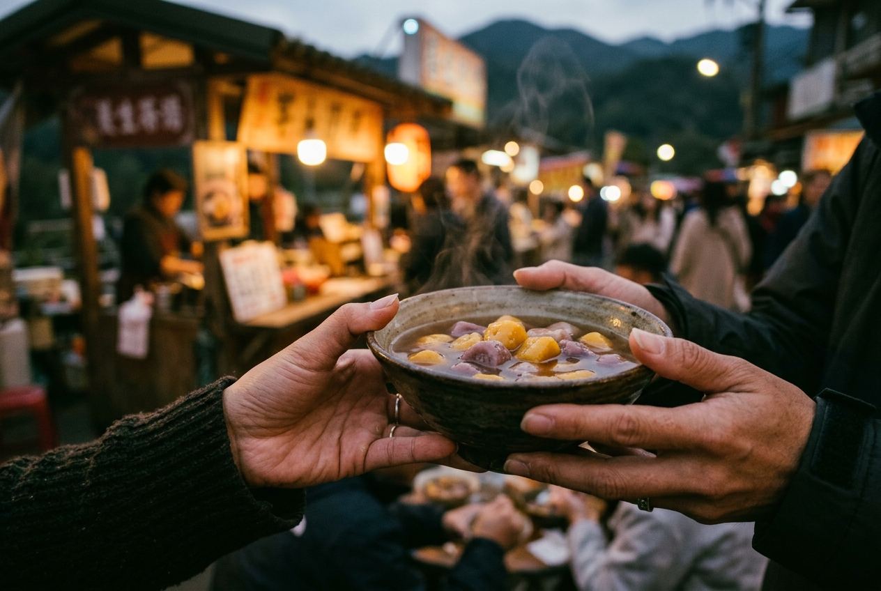 Two hands holding a warm bowl of chewy taro balls in sweet soup at a mountain-town market stall
