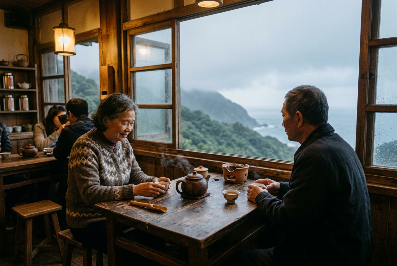 Interior of a traditional wooden teahouse with a clay teapot and cups by a window overlooking misty mountains