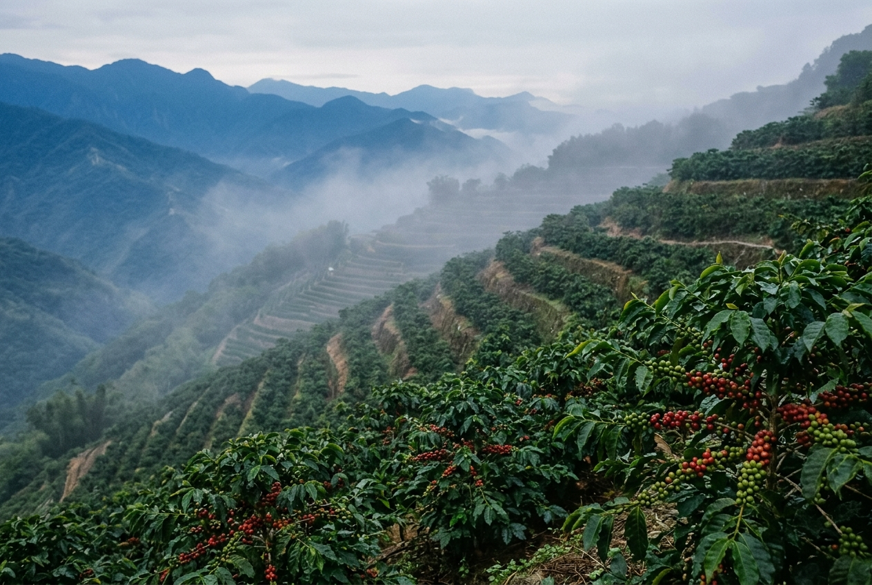Misty terraced coffee plants on a mountain slope in central Taiwan at dawn