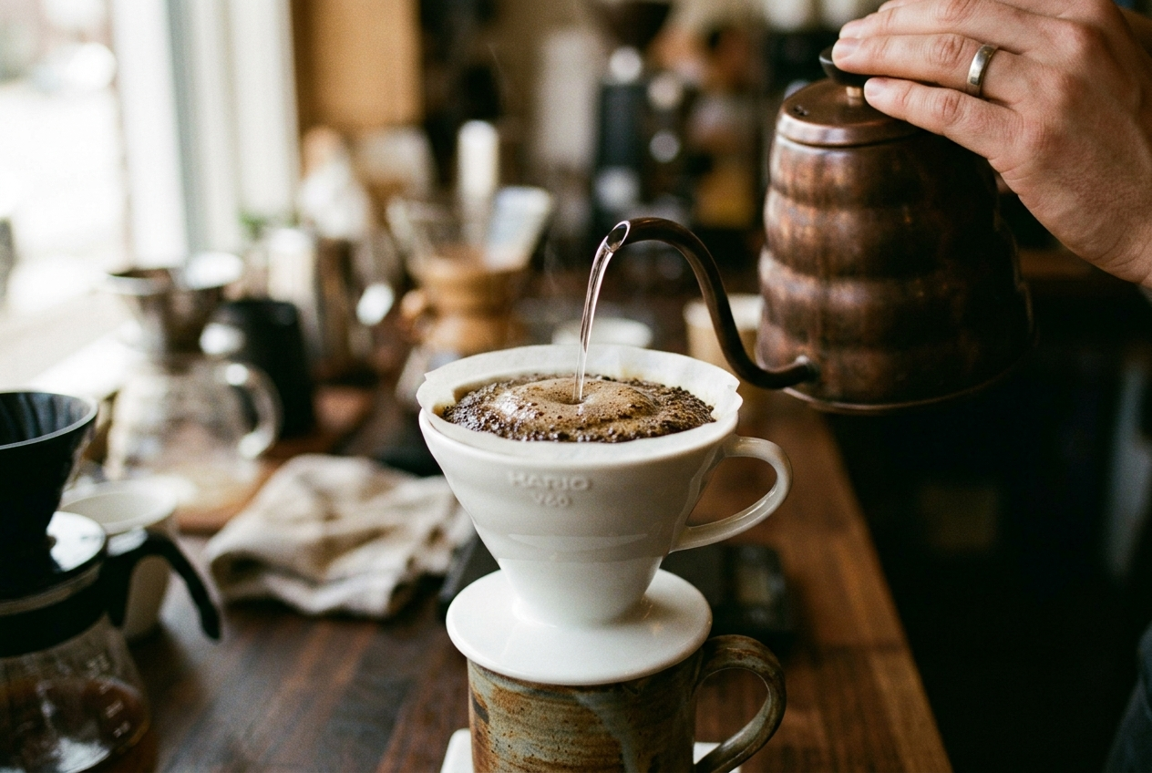 Close-up of water poured in a spiral from a gooseneck kettle over a ceramic dripper, coffee blooming